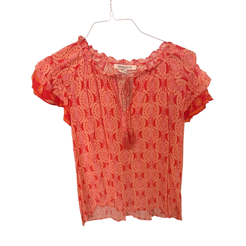 Rose + Olive Womens Large Orange Pink Medallion Paisley Boho Tassel Blouse Top